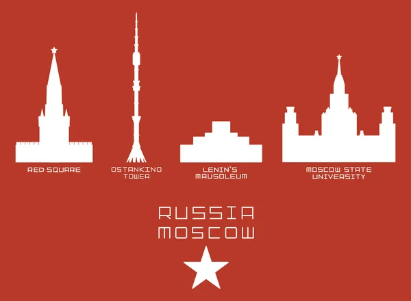 Rusya Moskova şehir şekil siluet simge seti - Kızıl Meydan, Ostankino Kulesi, Lenins türbesi, Devlet Üniversitesi