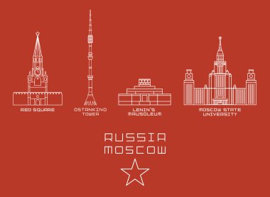 Rusya Moskova şehir ince çizgi Icon set - Kızıl Meydan, Ostankino Kulesi, Lenins türbesi, Devlet Üniversitesi