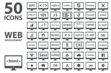 Vektör web geliştirme simgeler koleksiyonu: html, css, etiket, sunucu, programlama dili, komut dosyası, üzerinde beyaz izole tarzı