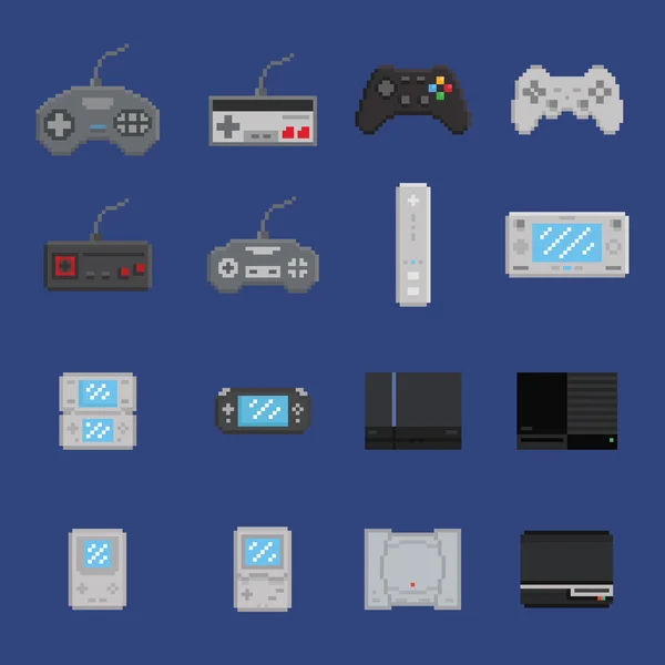 Pixel umění hry design ikony set - konzole, gamepad, přenosné konzoli — Stockový vektor
