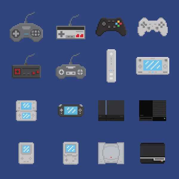 Pixel art conjunto de iconos de diseño de juegos - consola, gamepad, consola portátil — Vector de stock