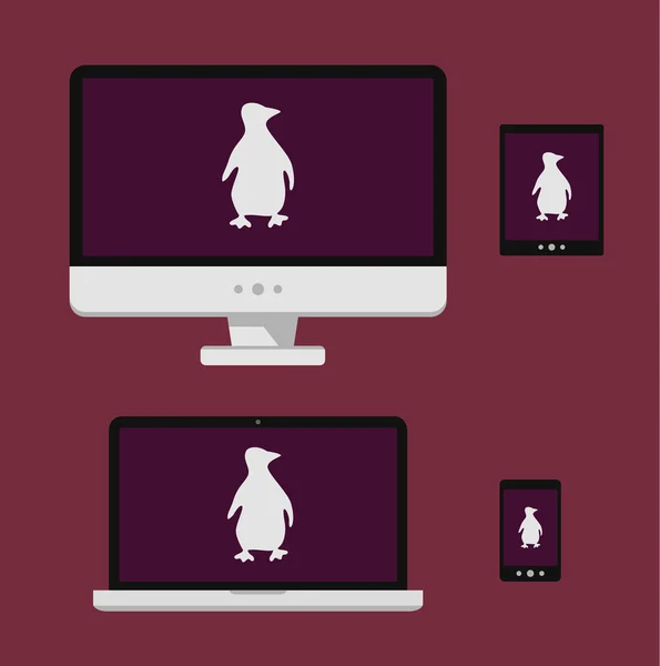 Vector illustration laptop, smartphone, tablet, computer screen with white linux penguin silhouette — Stock Vector