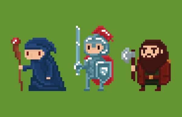 Pixel kunst stijl illustratie wizard, ridder en dwerg — Stockvector