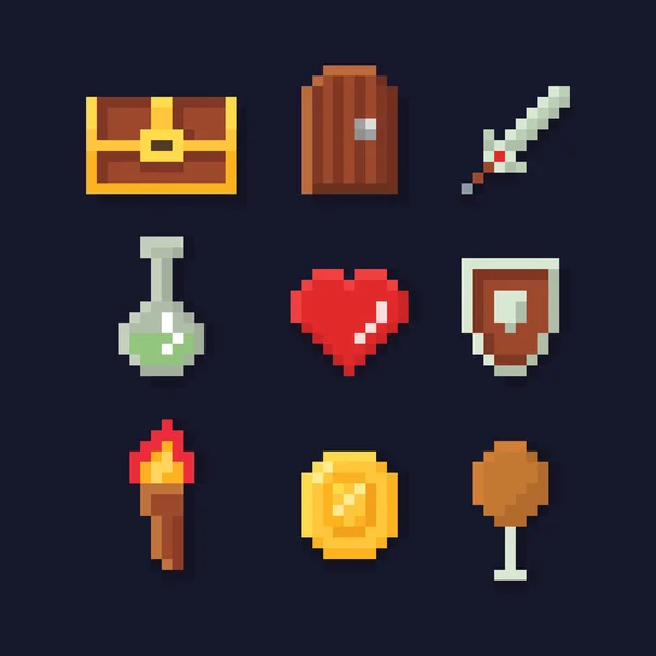 Illustrazione vettoriale pixel art isons for fantasy adventure game development, magic, sword, food, chest, coin , — Vettoriale Stock