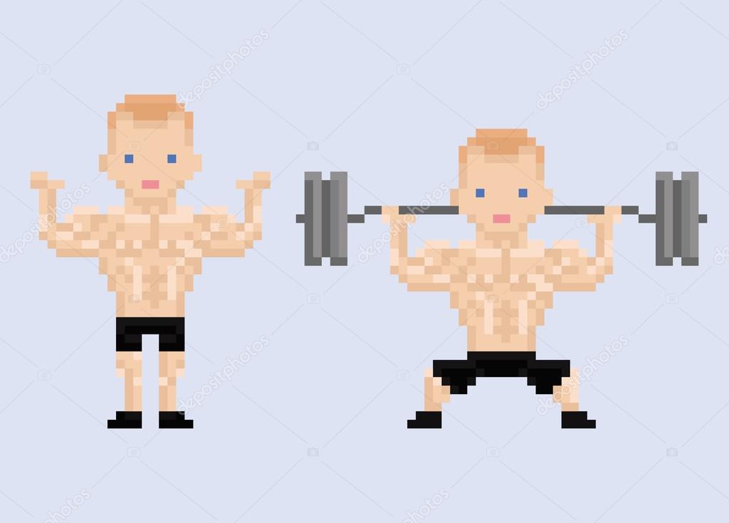 Pixel art character athlet bodybuilder lifting weight