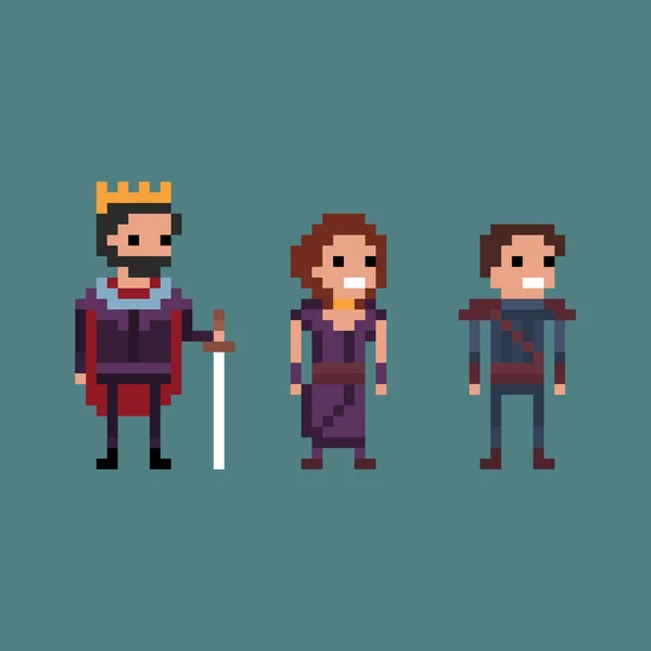 Pixel arte vetor ilustração retro 8 bit fantasia reino, rei, rainha, príncipe — Vetor de Stock