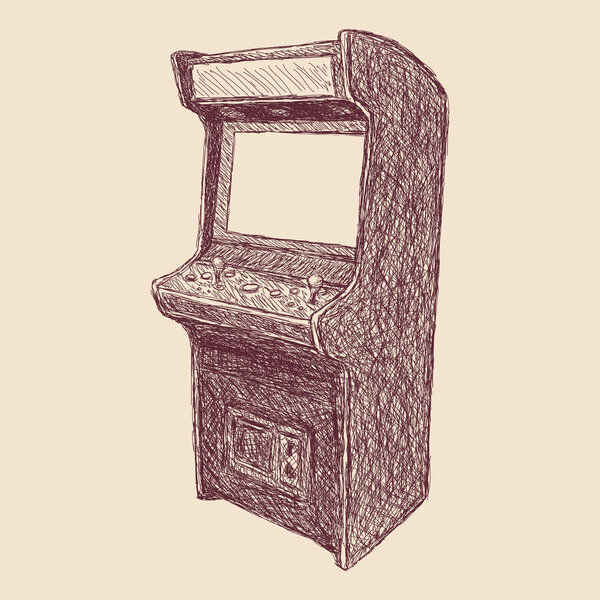 vector illustration - sketch style drawing of arcade cabinet, isolated vintage item