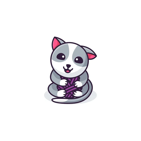 Lindo Gato Con Bola Hilo Diseño Logotipo Dibujos Animados — Vector de stock