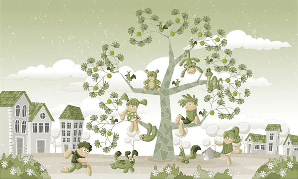 Зеленый парк в городе с детьми и животными — стоковый вектор