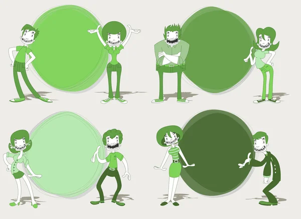 Зеленый шаблон для рекламной брошюры с забавными людьми — стоковый вектор