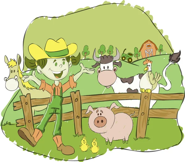 Farmář dívka na farmě se zvířaty — Stockový vektor