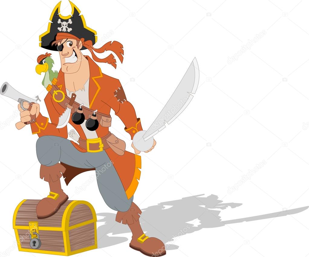 pirate with weapons and parrot