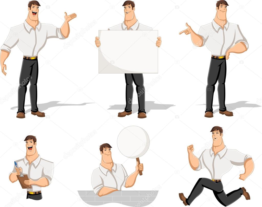 Cartoon man wearing white shirt in different actions