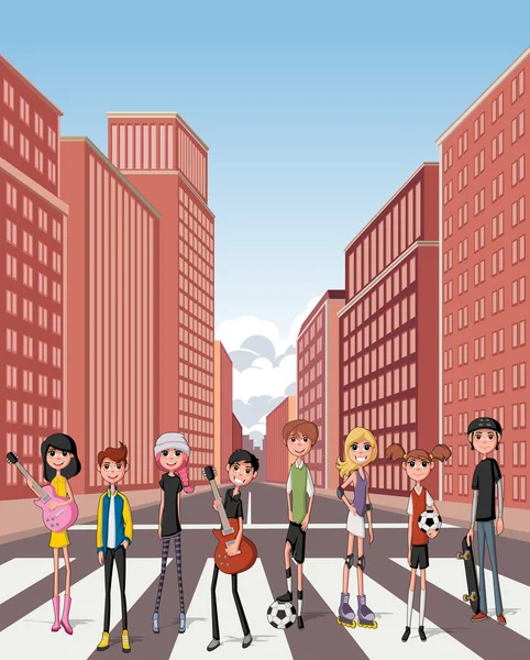 Teenagers in the street of downtown city with buildings — Stock Vector