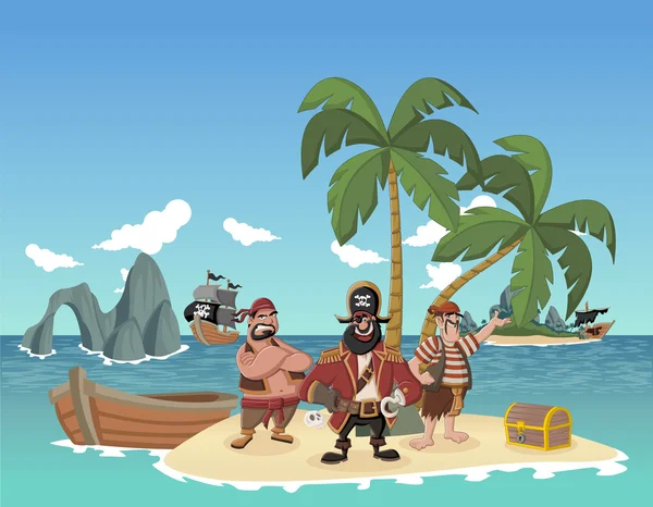 Cartoon pirates on a beautiful tropical beach — Stock Vector