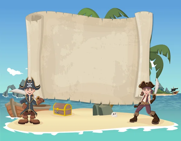 Niños piratas de dibujos animados en una hermosa playa tropical — Vector de stock