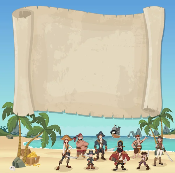 美しい熱帯のビーチでアニメ海賊 — ストックベクタ
