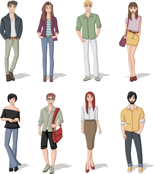 Group of fashion cartoon young people. — Stock Vector