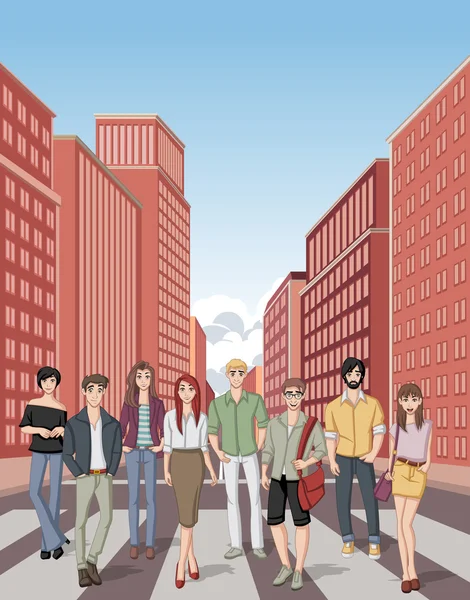 Adolescentes en la calle del centro de la ciudad con edificios — Vector de stock