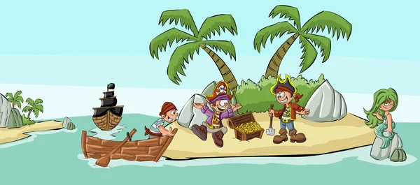 Piratas de dibujos animados en una hermosa playa tropical — Archivo Imágenes Vectoriales