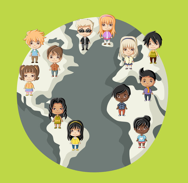 happy cartoon children over earth planet