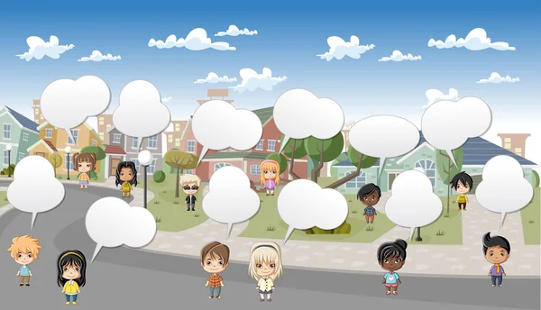 Mignon heureux dessin animé enfants parler dans la rue — Image vectorielle