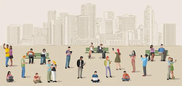 Les gens dans la ville avec des téléphones intelligents — Image vectorielle