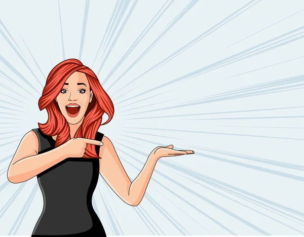 Beautiful redhead retro surprised woman pointing — Stock Vector