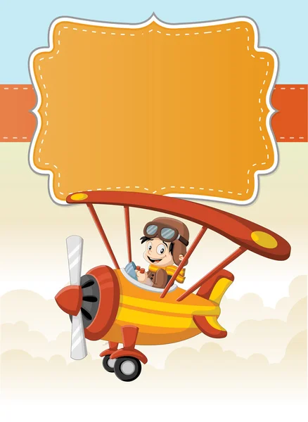 飛んでいる飛行機の中でアニメ パイロットの少年 — ストックベクタ