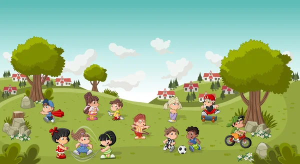 Parque en la ciudad con niños de dibujos animados jugando. Deportes y juguetes . — Vector de stock