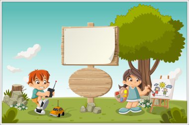 Çizgi film çocuk ile renkli park ahşap işareti
