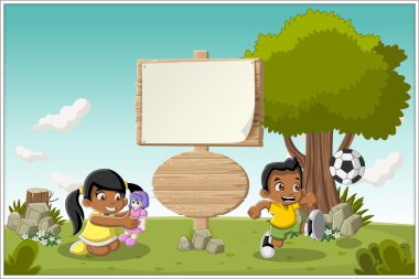 Çizgi film çocuk ile renkli park ahşap işareti