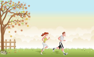 Yeşil çimen yatay çizgi film çift jogging ile.