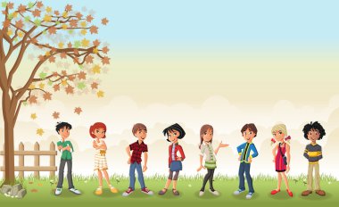 Yeşil çim manzara sevimli gençler ile.