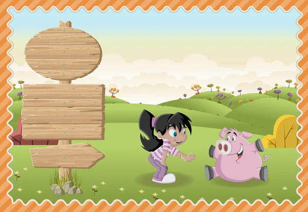 Cartoon girl jouer avec un cochon sur un parc vert . — Image vectorielle