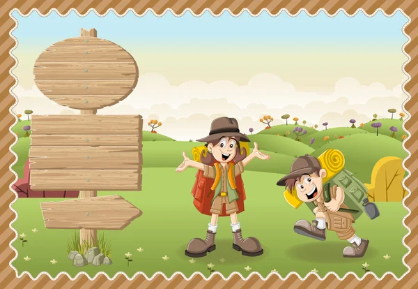 Cute cartoon kinderen in explorer outfit op een groen park. — Stockvector