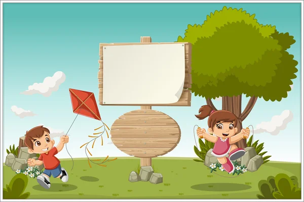Cartel de madera en parque colorido con niños de dibujos animados — Vector de stock