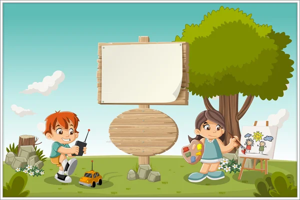 Cartel de madera en parque colorido con niños de dibujos animados — Vector de stock