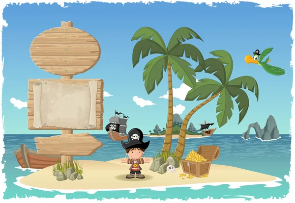 Wooden sign on a beautiful tropical island with pirate boy. — Stock Vector