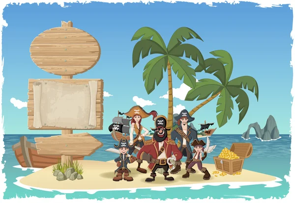 Drewniany znak na pięknej tropikalnej wyspie z piratami. — Wektor stockowy