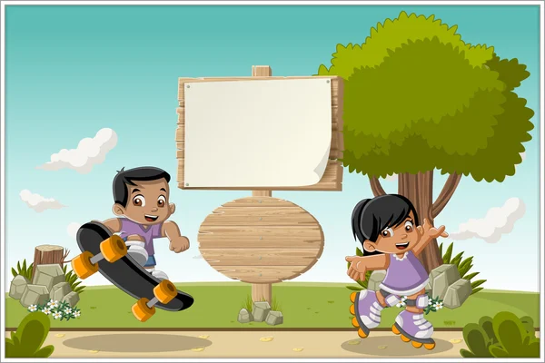 漫画の子供とカラフルな公園の木製看板 — ストックベクタ