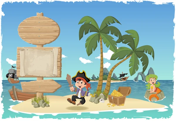 海賊の少年と美しい熱帯の島の木製看板. — ストックベクタ