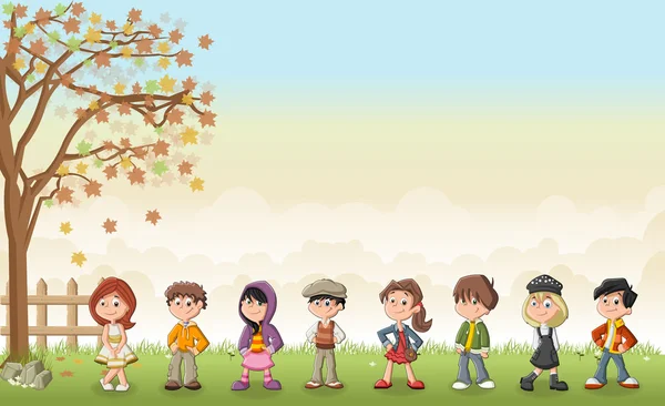 Paysage d'herbe verte avec des enfants dessin animé . — Image vectorielle