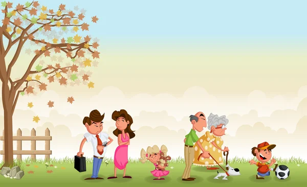 Groen gras landschap met cartoon familie. — Stockvector