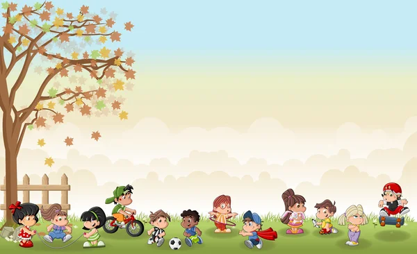 Paisaje de hierba verde con niños de dibujos animados jugando. Deportes y recreación . — Vector de stock