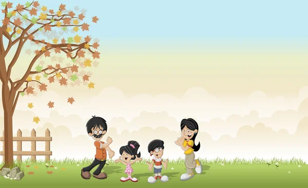 Green grass landscape with cartoon asian family. — Stock Vector