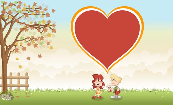 Paisagem grama com crianças dos desenhos animados no amor com um grande ícone do coração sobre eles —  Vetores de Stock