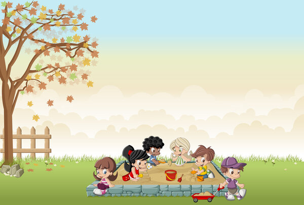 веселые мультяшные дети играют в песочнице на заднем дворе
