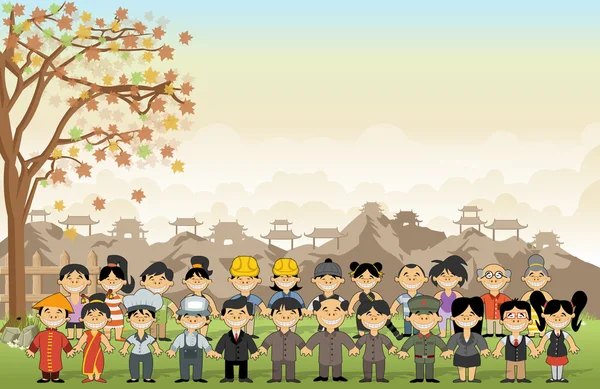 Paysage d'herbe verte avec des gens de dessin animé chinois — Image vectorielle