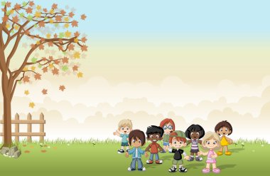 Yeşil çimen yatay çizgi film çocuklar ile.